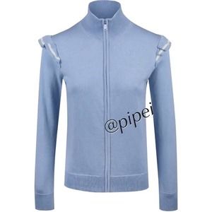 Ralph Lauren Sweater Jacket Cashmere Wool Ruffle-Trim Zip Golf Blue Medium NWT